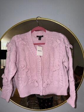 Forever 21 Light Pink Bow-Appliqué Cable Knit Cardigan